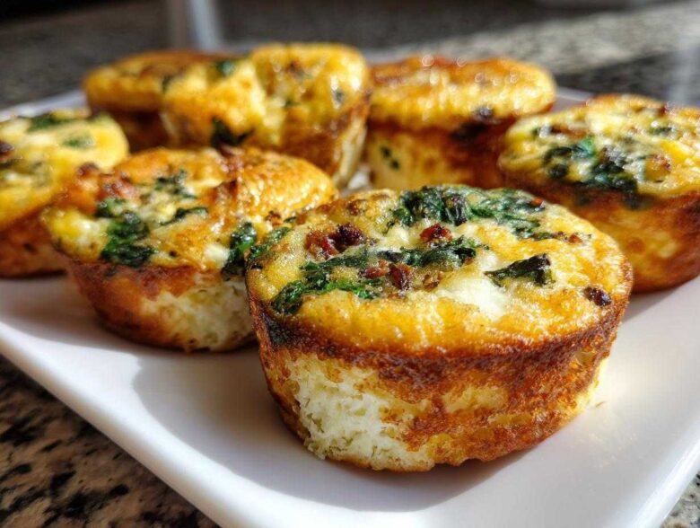 Close-up of several golden brown, baked egg bites with visible spinach and cheese, served on a white rectangular plate.