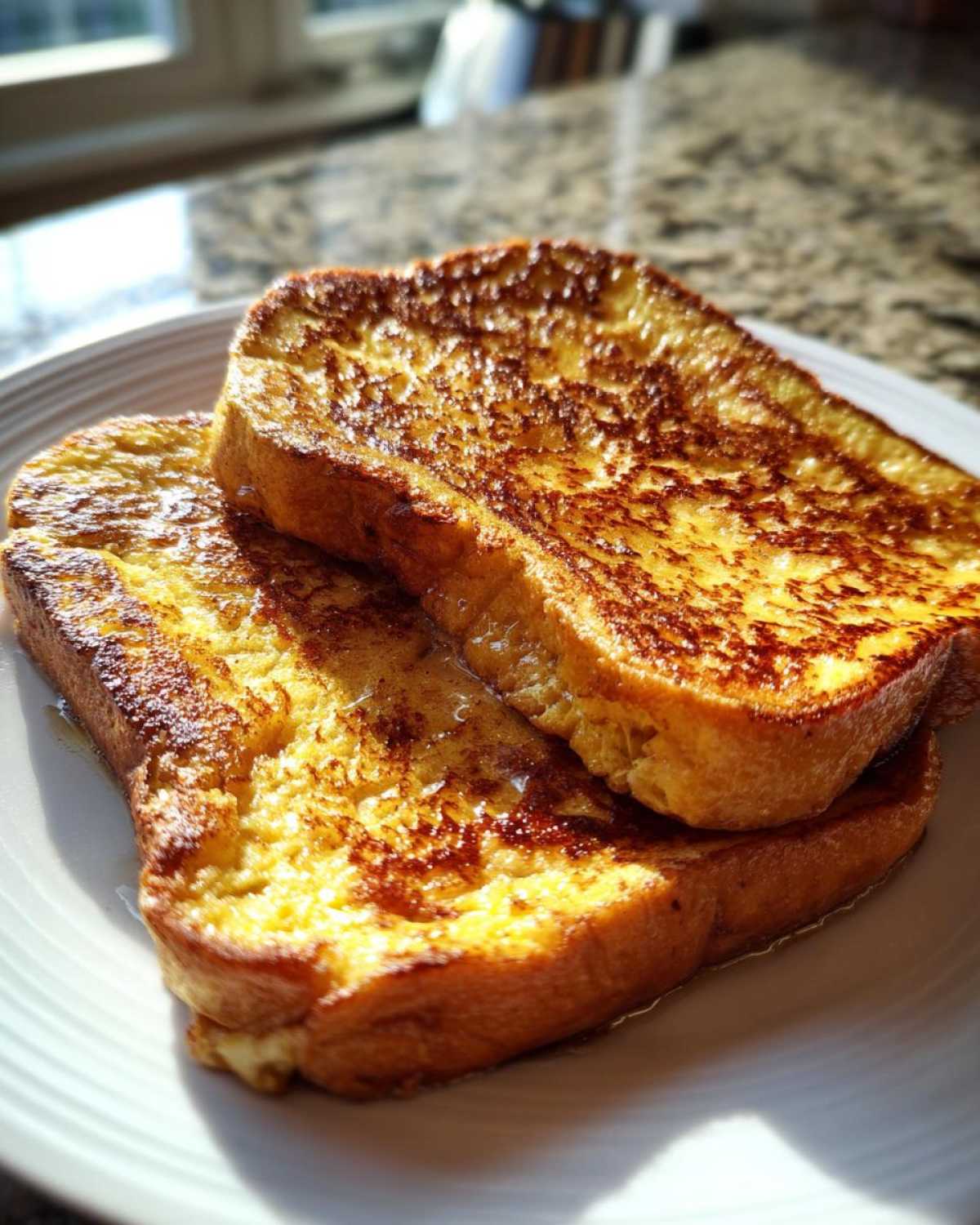 Two thick slices of golden brown french toast stacked slightly on a white plate, glistening with syrup.
