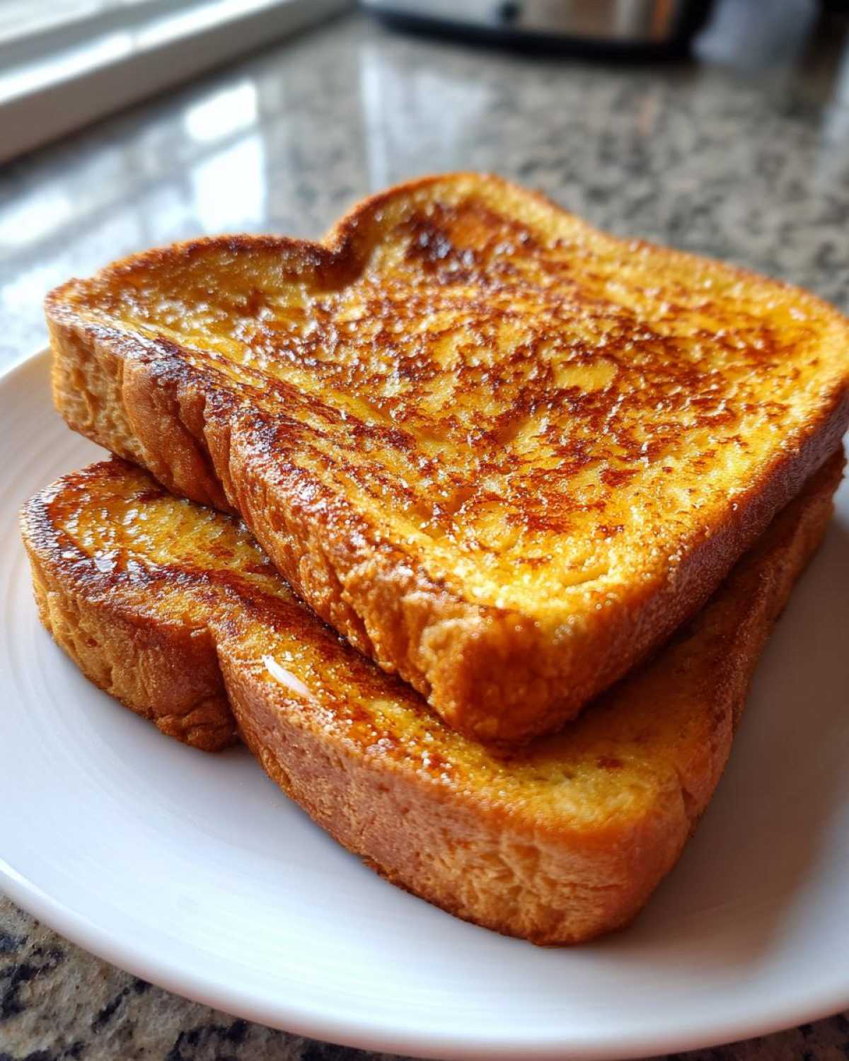 Close-up of two stacked slices of golden brown, perfectly cooked french toast on a white plate.