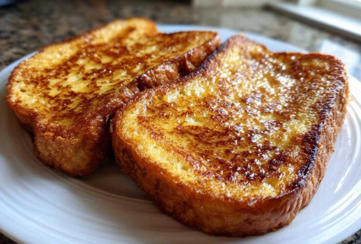 Close-up of two thick slices of golden brown french toast served on a white plate.