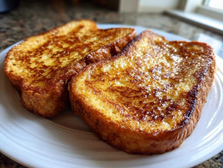 Close-up of two thick slices of golden brown french toast served on a white plate.