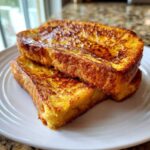 Two thick, golden-brown slices of perfectly cooked french toast stacked on a white plate.