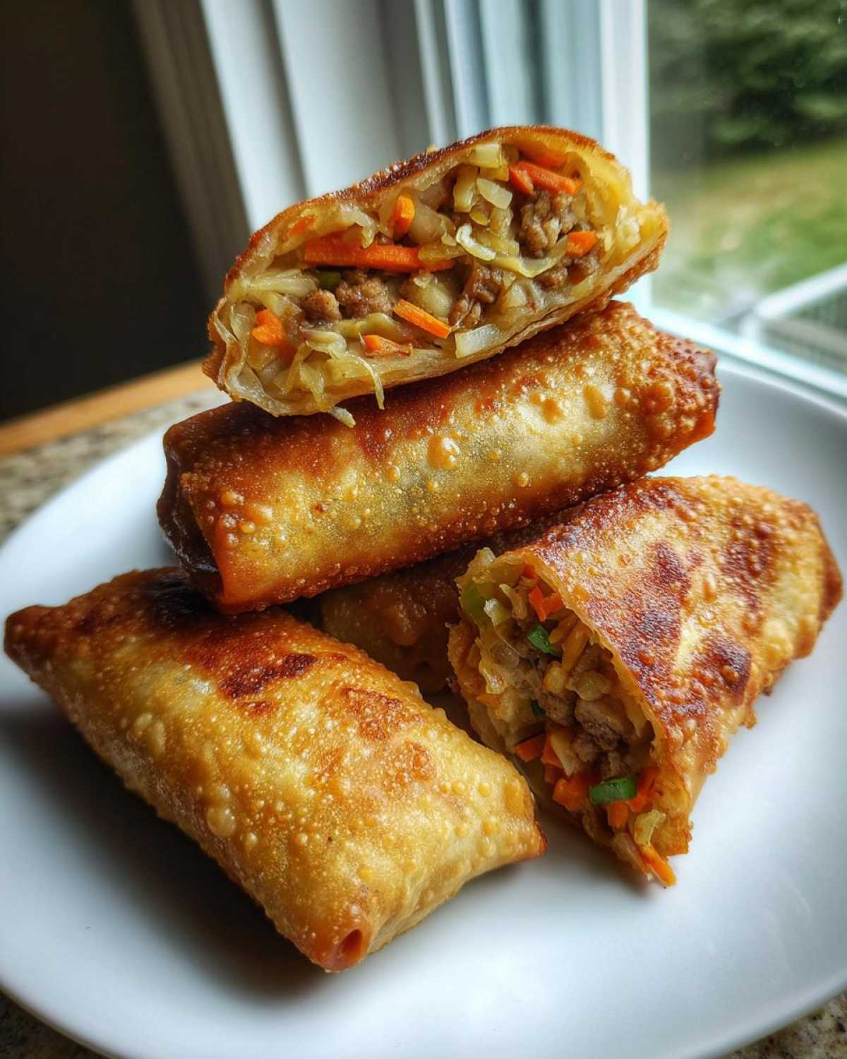 A stack of crispy, golden brown egg roll appetizers, one cut open to show the savory meat and vegetable filling.