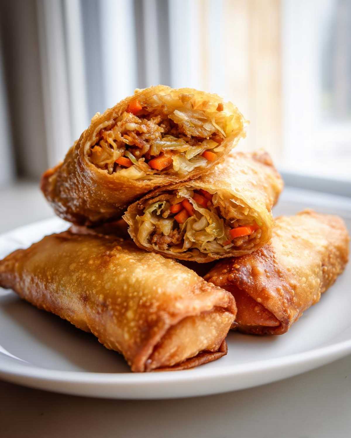 A stack of golden brown, crispy fried egg roll pieces, one cut open to show the vegetable and meat filling.