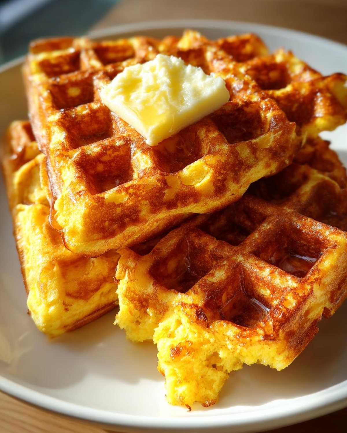 Close-up of a stack of golden brown high protein waffles topped with a melting pat of butter and syrup.
