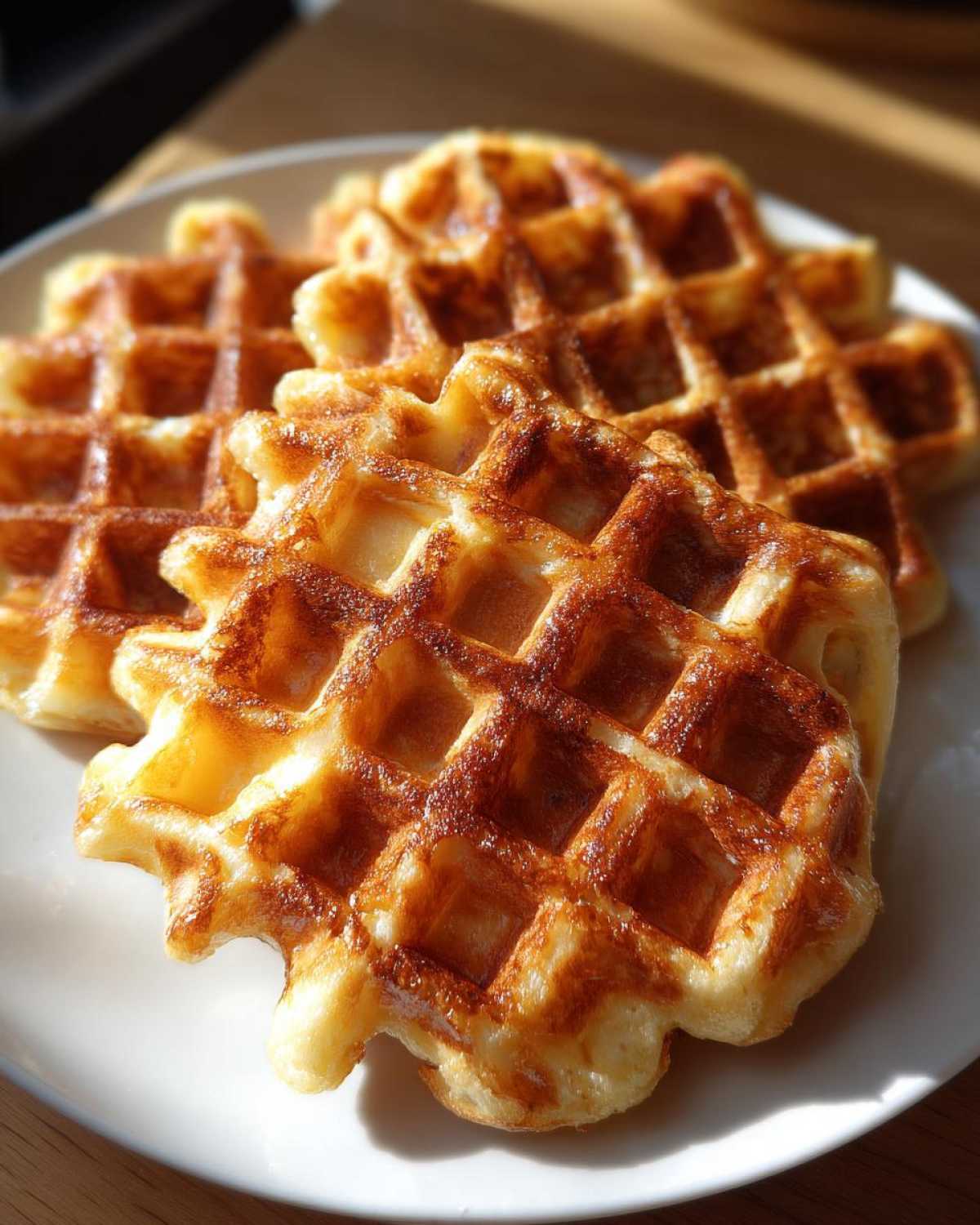 Close-up of three golden brown, freshly cooked high protein waffles stacked slightly on a white plate.
