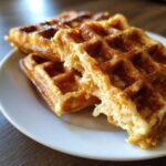 Close-up of two golden brown high protein waffles stacked on a white plate, one broken open showing the fluffy interior.