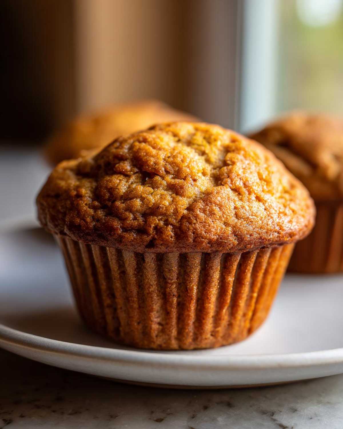 A close-up, appetizing photo of a freshly baked honey bran muffin sitting on a white plate.