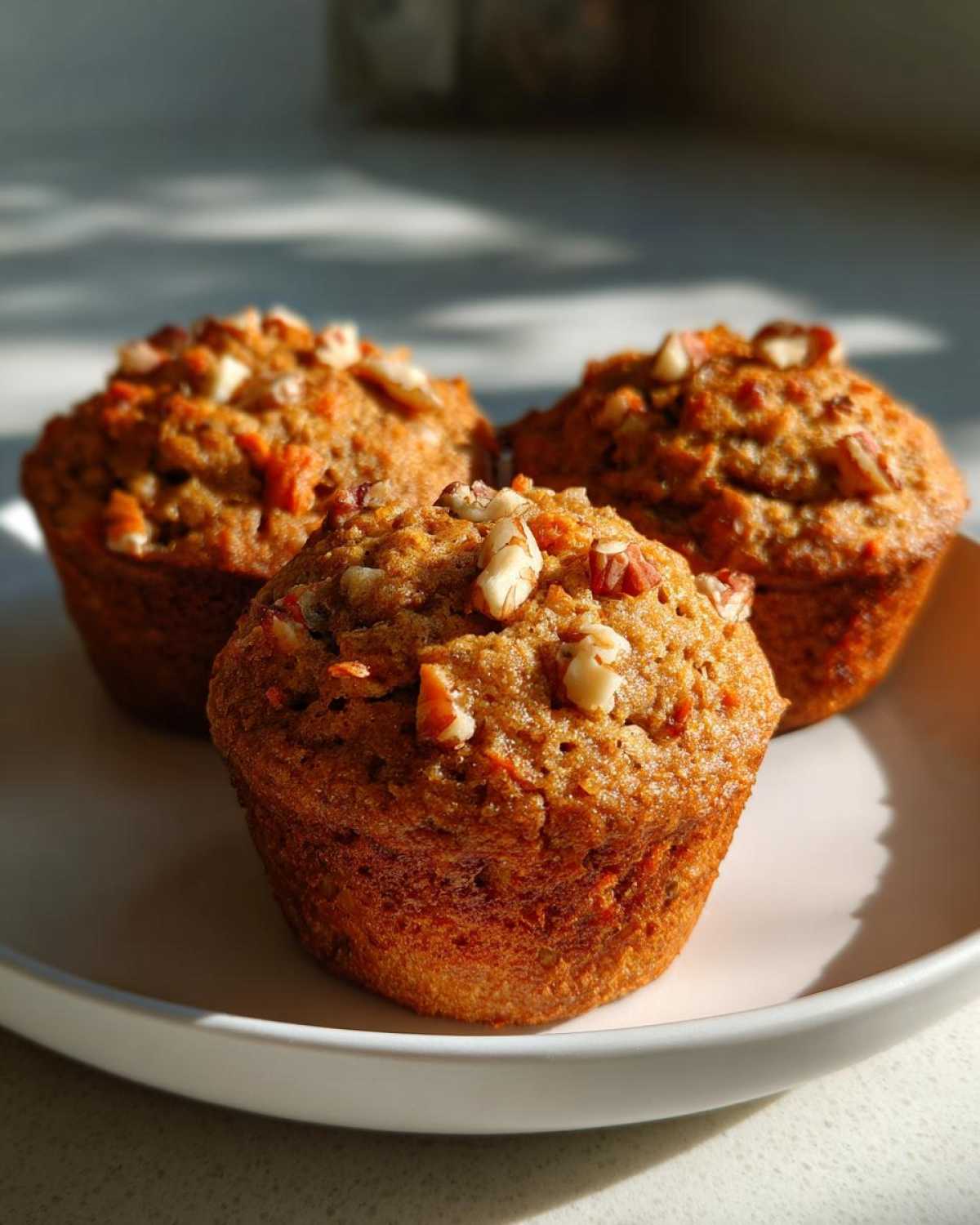 Three freshly baked morning glory muffins topped with chopped pecans, sitting on a white plate in bright sunlight.
