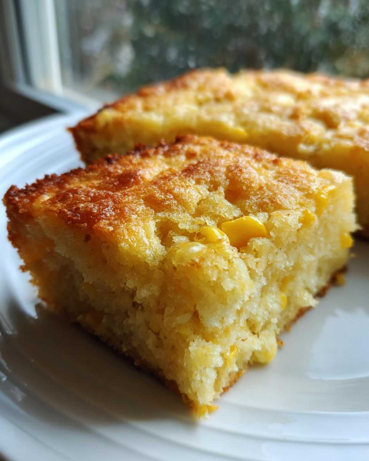 Close-up of a moist, golden slice of cornbread casserole with visible corn kernels on a white plate.