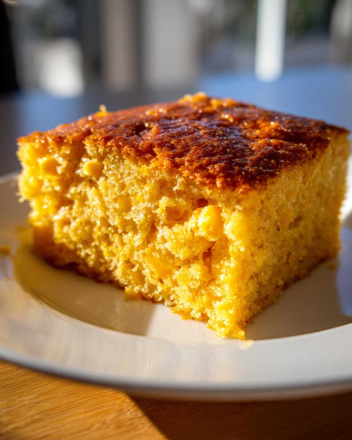 Close-up of a perfectly baked, golden slice of cornbread casserole with visible kernels on a white plate.