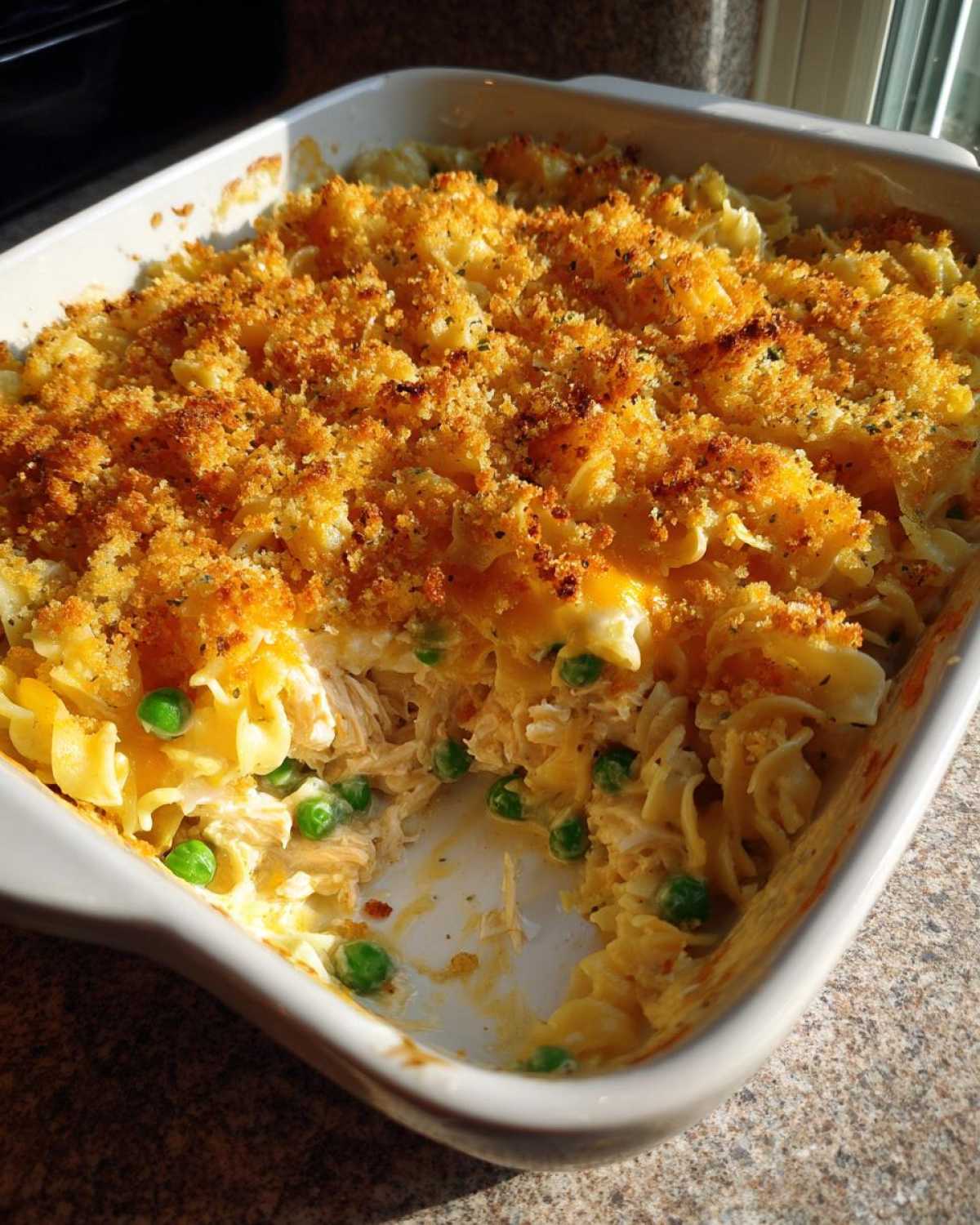 A freshly baked Tuna Casserole with egg noodles, peas, and a crispy golden breadcrumb topping.