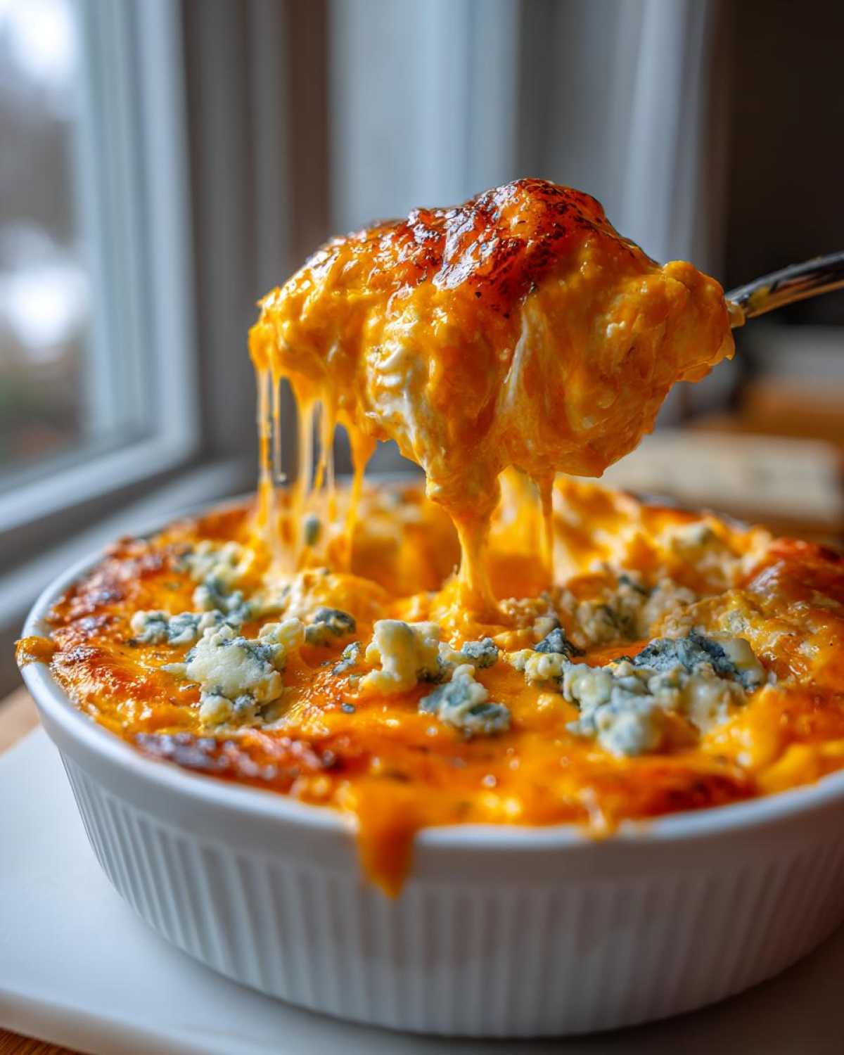 A spoonful of hot, gooey Buffalo chicken dip with visible cheese pull and blue cheese crumbles.