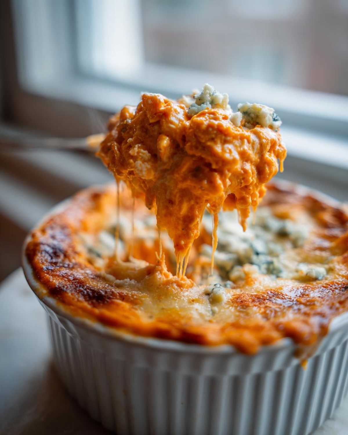 A spoonful of hot, gooey Buffalo chicken dip being lifted from a white ramekin, showing cheese pull and blue cheese crumbles.