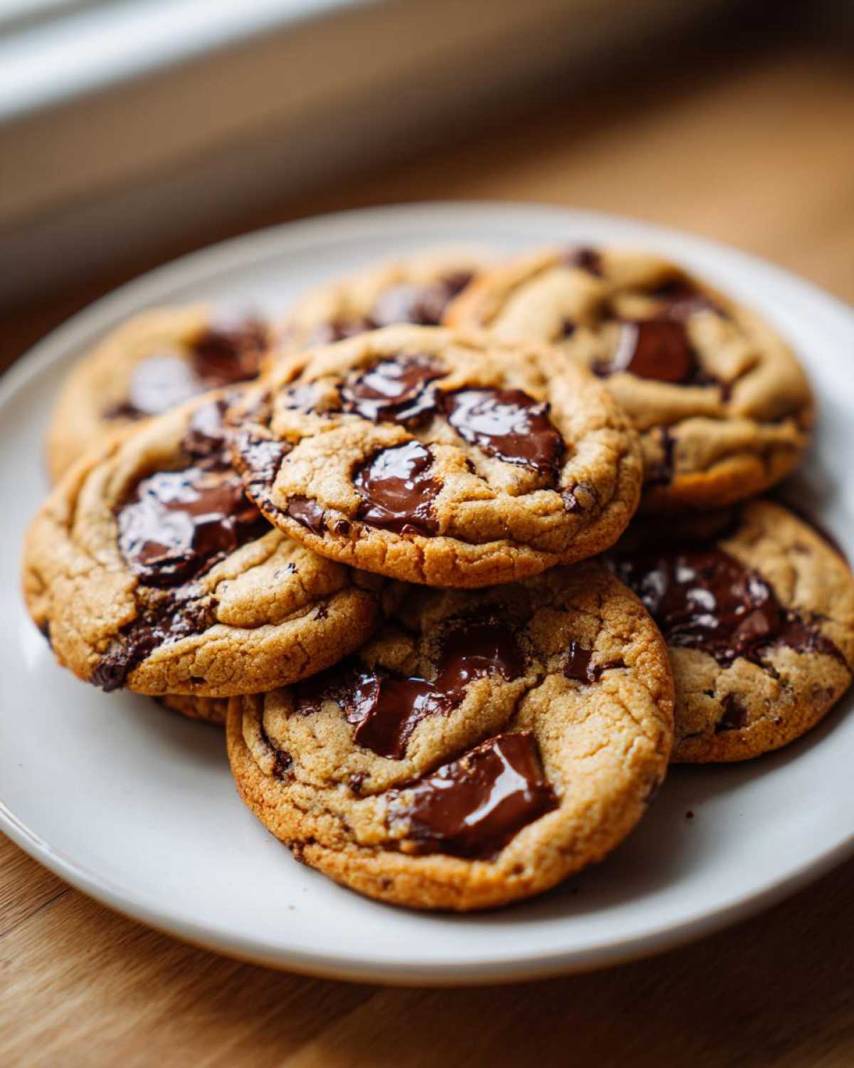 A stack of gooey, warm homemade chocolate chip cookies with melted chocolate chunks on a white plate.