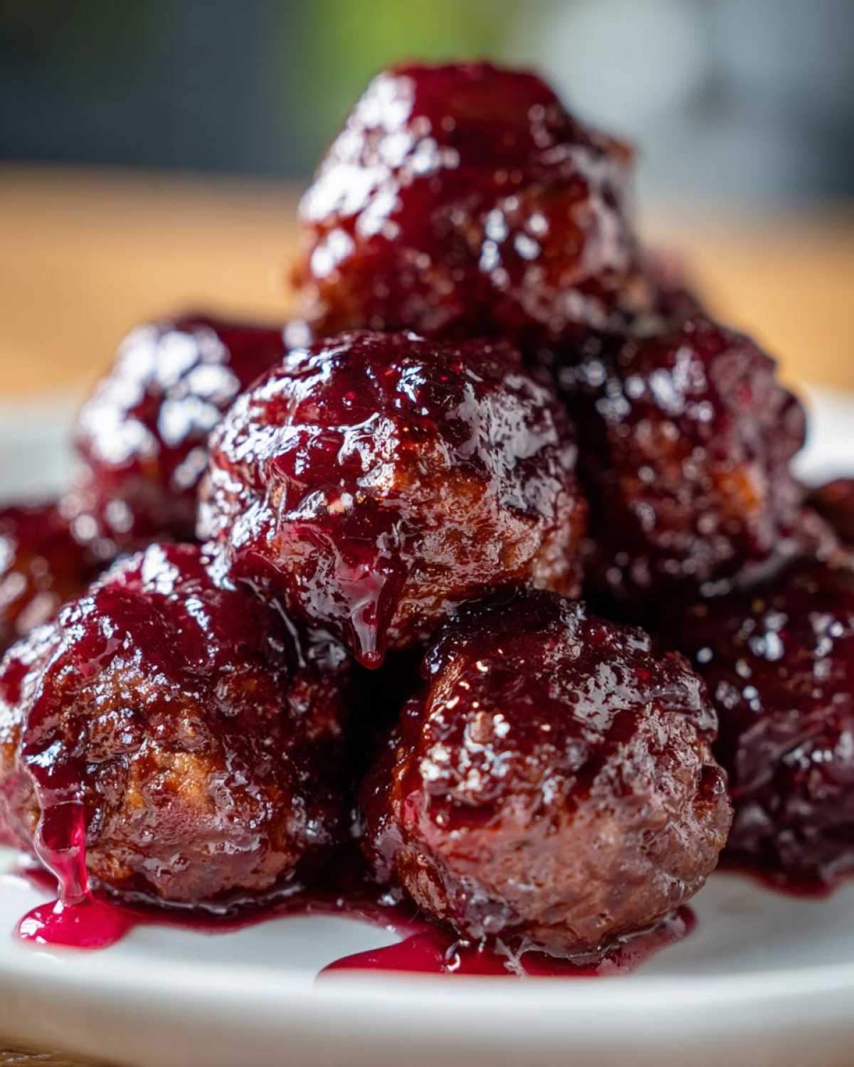 A close-up, macro shot of several savory Grape jelly meatballs piled on a white plate, dripping with a thick, glossy, dark purple glaze.