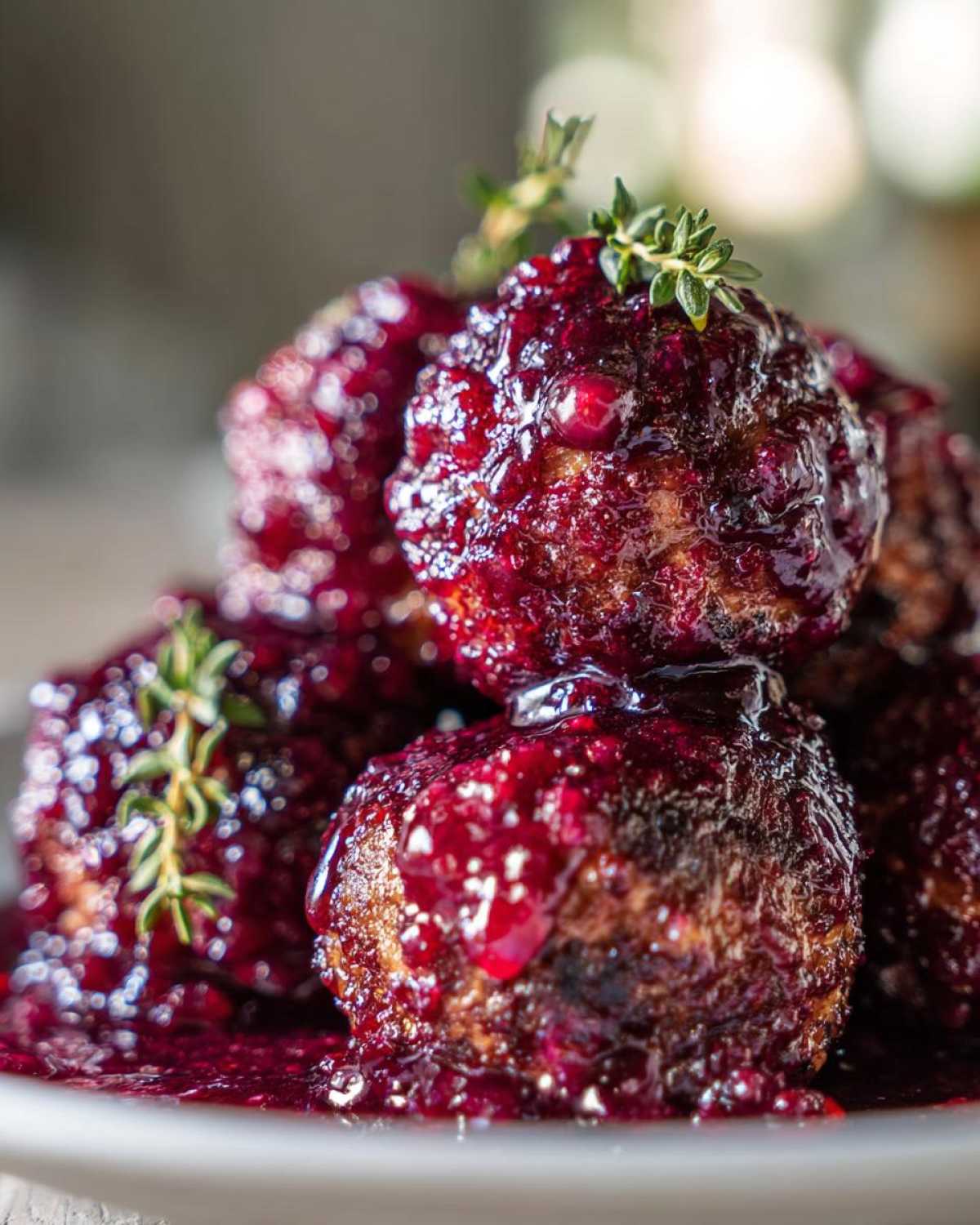 Close-up of savory Grape jelly meatballs smothered in a thick, glossy, dark red sauce and garnished with fresh thyme sprigs.