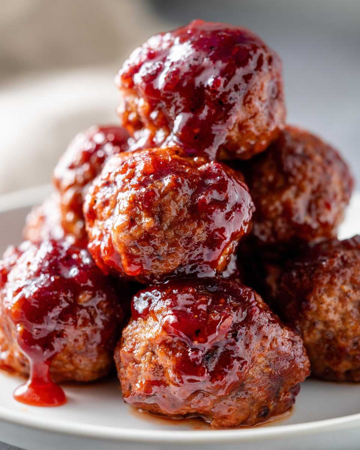 Close-up of a stack of savory grape jelly meatballs coated in a thick, glossy, reddish-purple sauce.