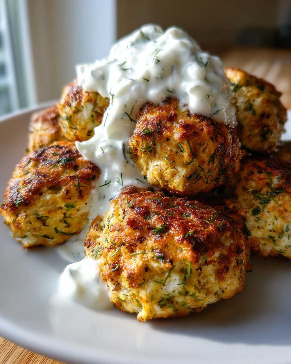 A close-up of golden brown greek chicken meatballs piled high and topped with creamy tzatziki sauce.