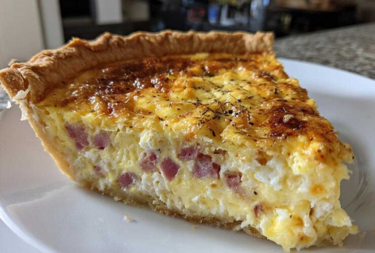 A close-up of a thick slice of Ham and Cheese Quiche with a golden-brown top, served on a white plate.