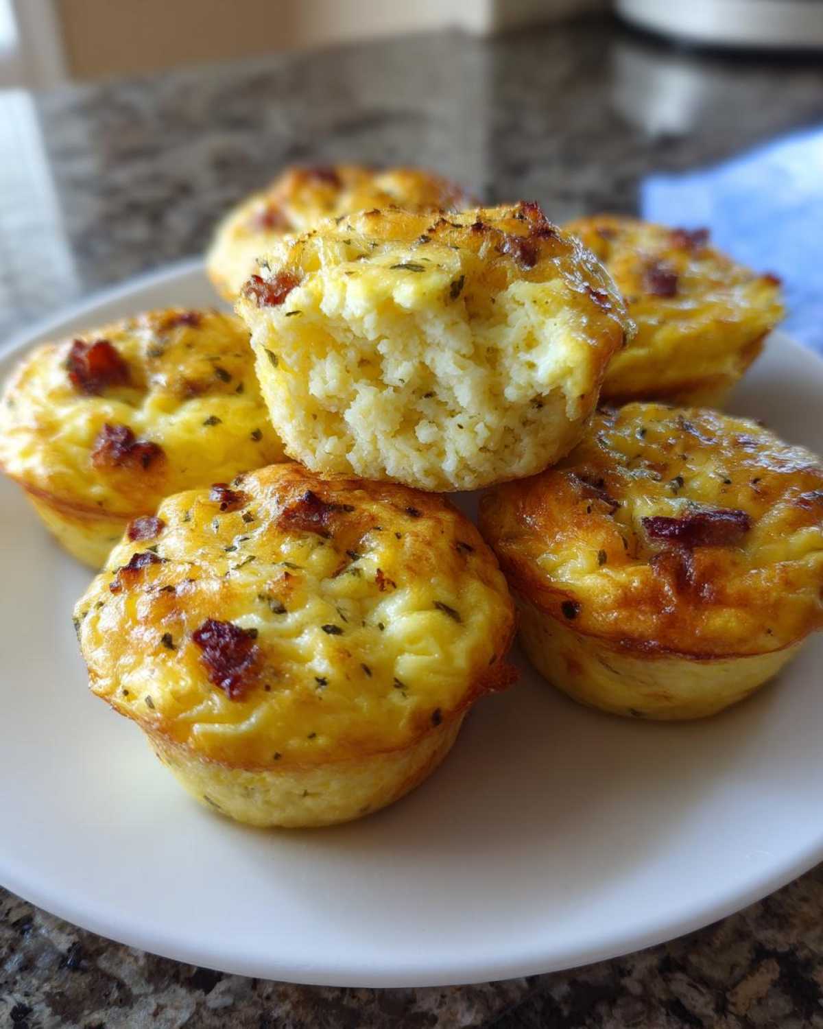 Five golden-brown, savory egg bites piled on a white plate, one showing a fluffy interior texture.