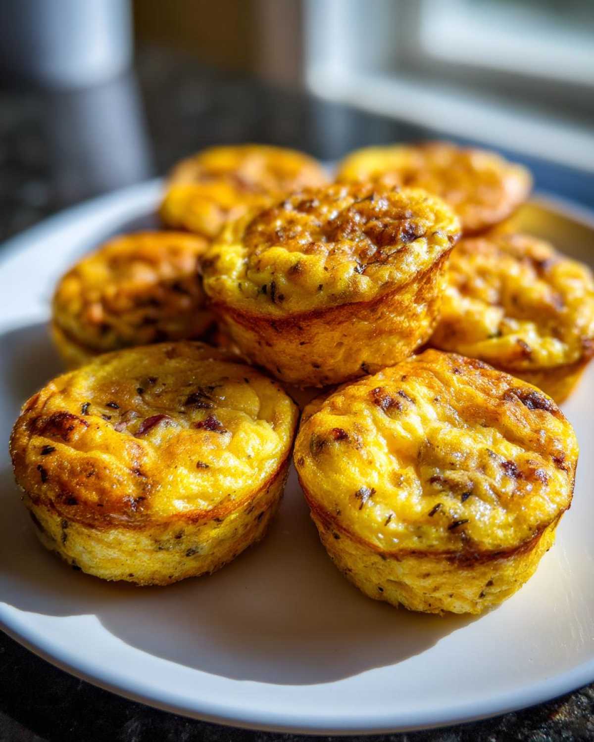 A close-up of several golden brown, fluffy egg bites stacked on a white plate, ready to eat.