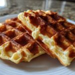 Close-up of two golden brown, fluffy high protein waffles stacked slightly on a white plate.