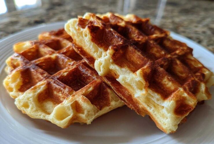 Close-up of two golden brown, fluffy high protein waffles stacked slightly on a white plate.