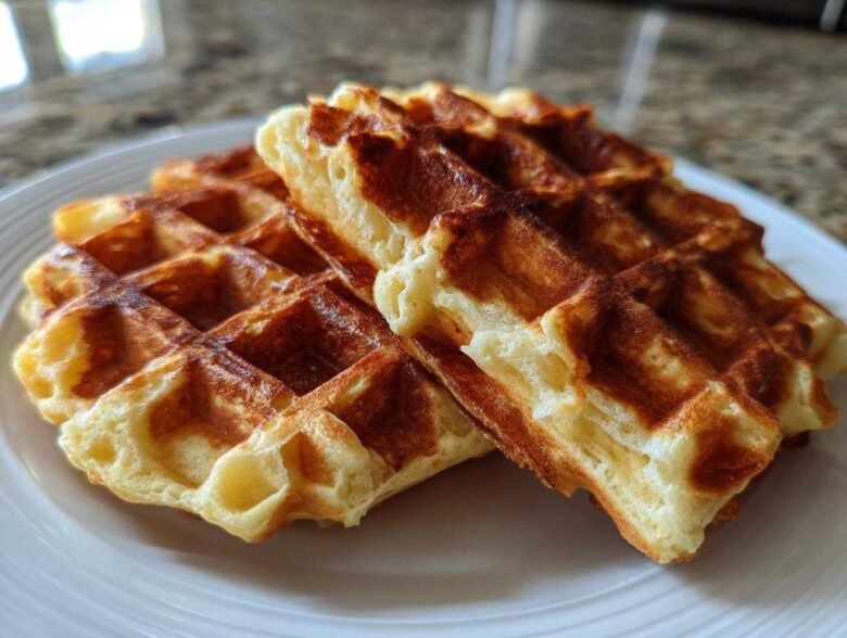 Close-up of two golden brown, fluffy high protein waffles stacked slightly on a white plate.