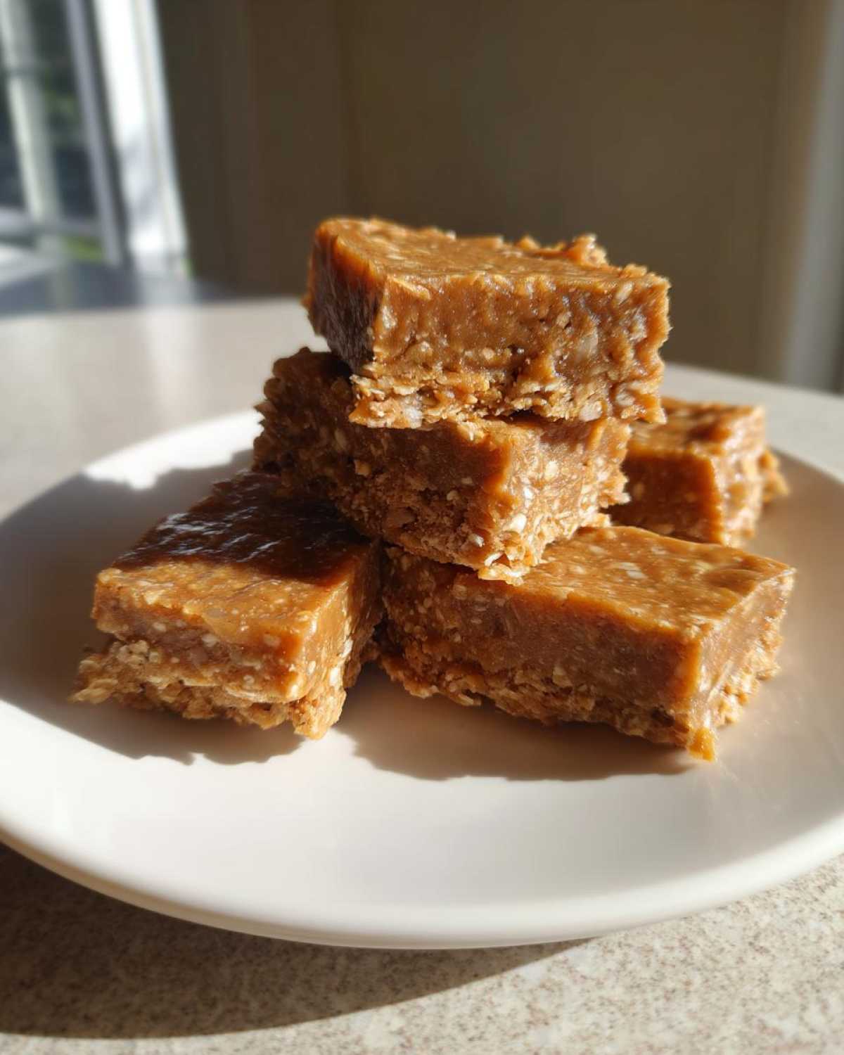 A stack of four dense, chewy, homemade protein bars resting on a white plate.