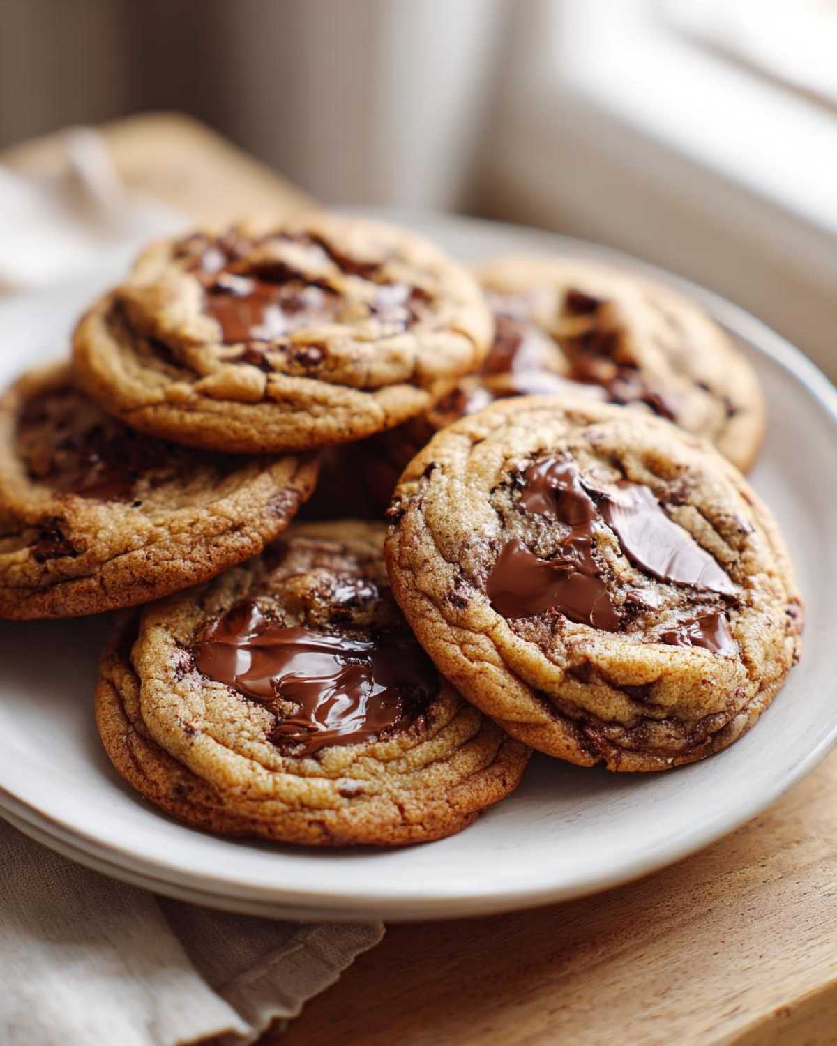 A stack of warm, gooey homemade chocolate chip cookies with melted chocolate pools on a light plate.