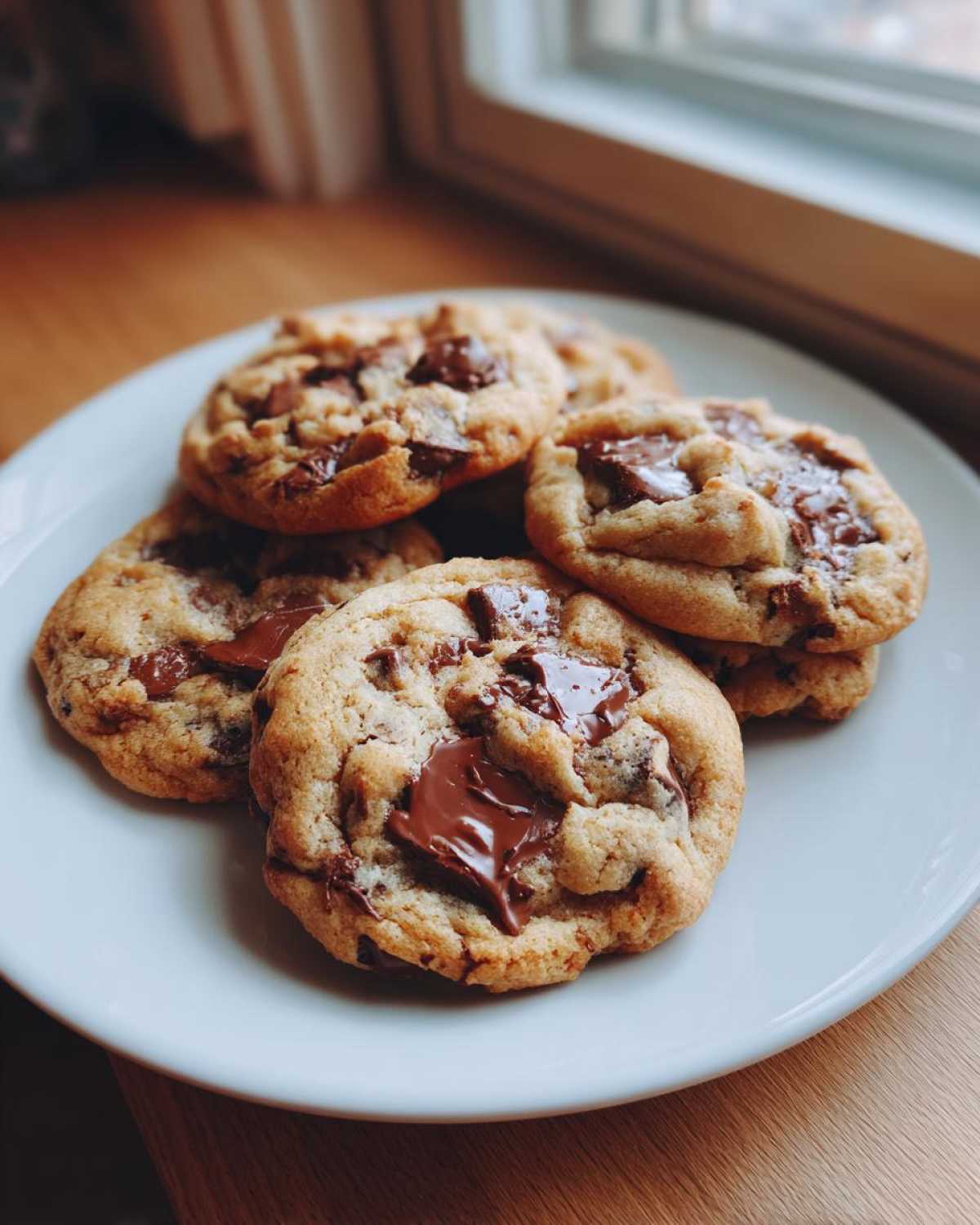 A stack of five gooey homemade chocolate chip cookies with melted chocolate chunks on a white plate.