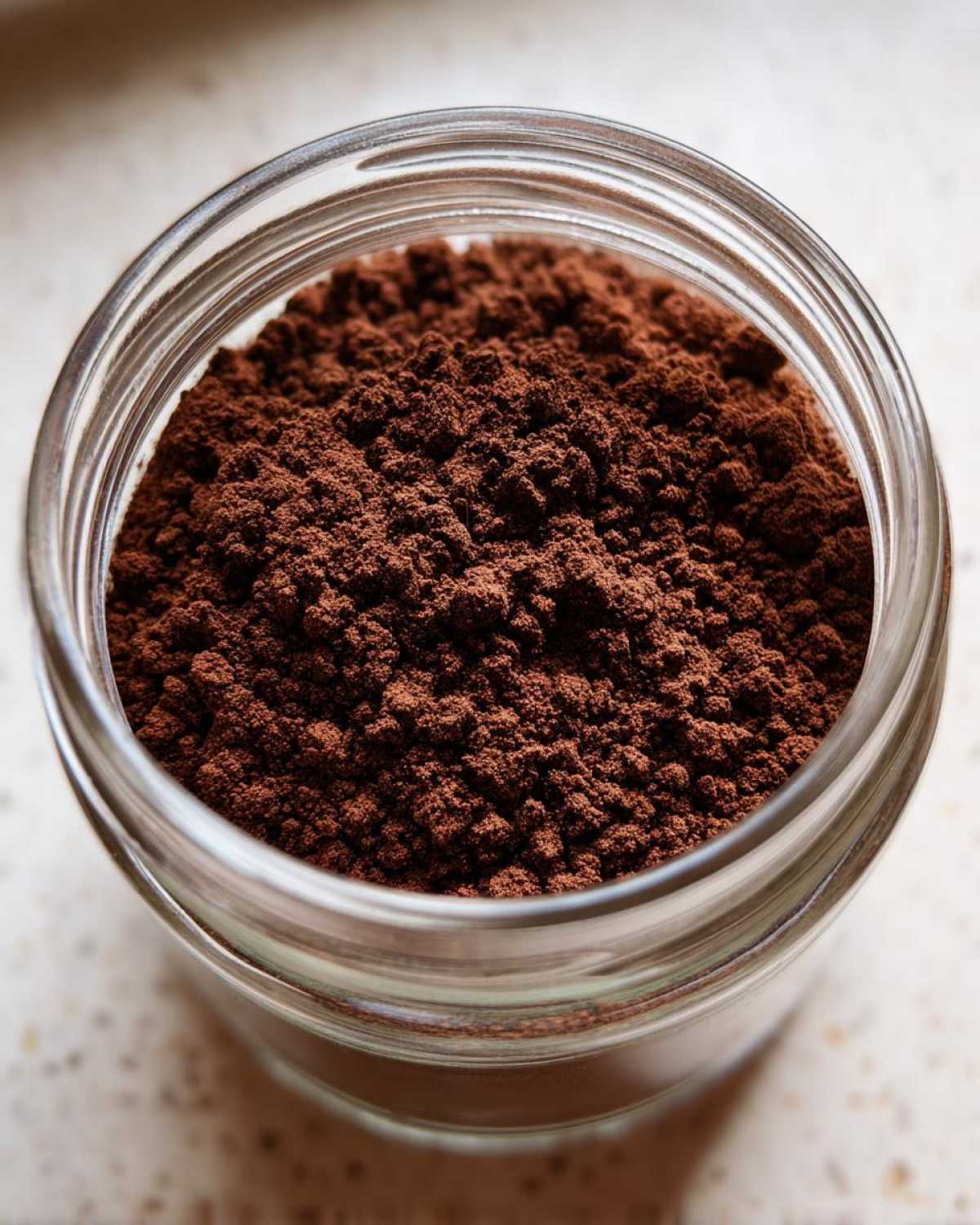 Close-up overhead view of rich brown homemade hot cocoa mix powder filling a clear glass jar.