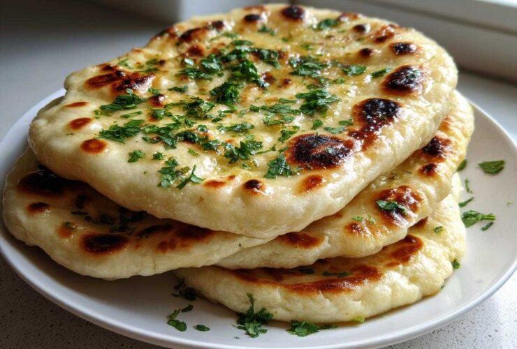 A stack of three fluffy, charred homemade naan bread pieces brushed with butter and topped with fresh green herbs.