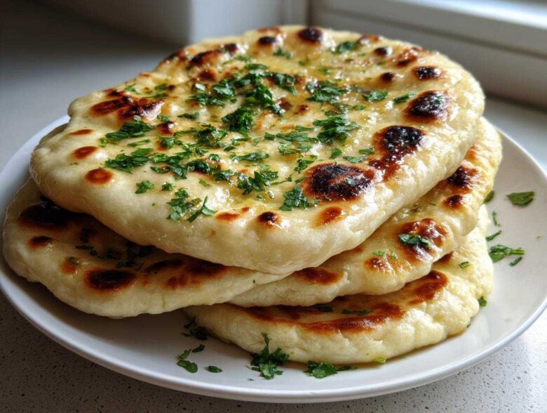 A stack of three fluffy, charred homemade naan bread pieces brushed with butter and topped with fresh green herbs.