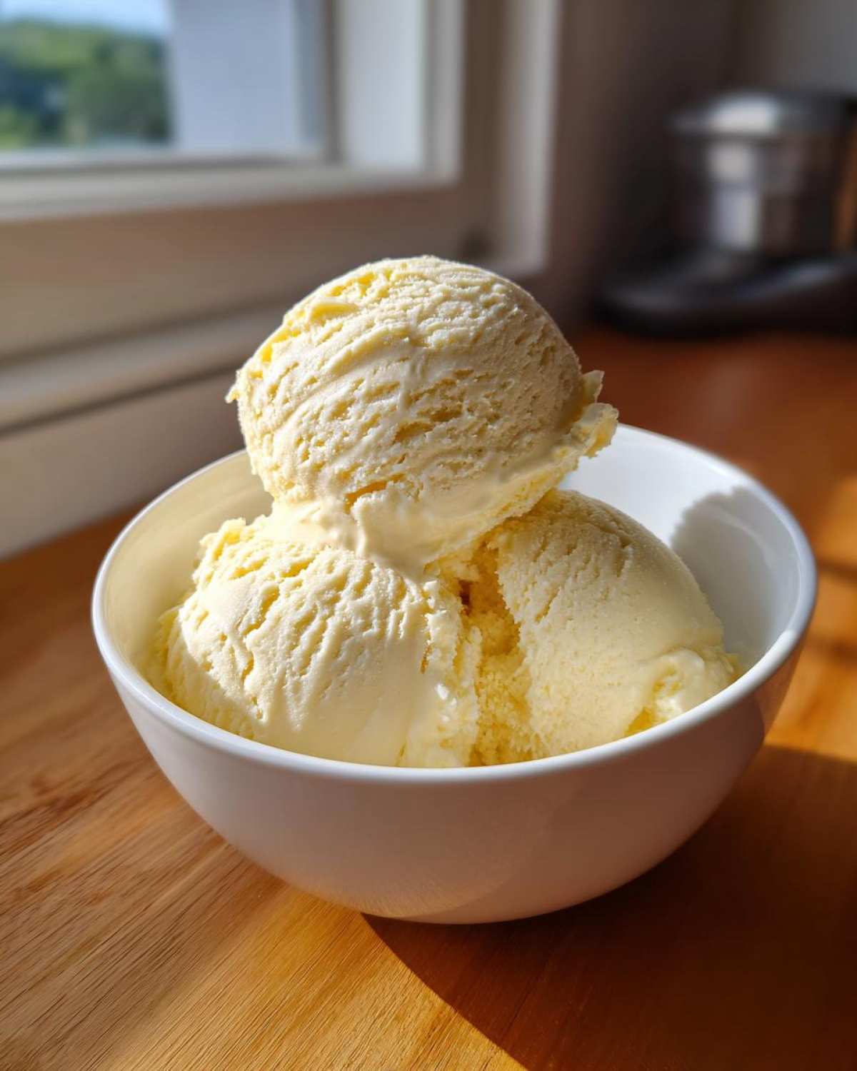 Three scoops of creamy, pale yellow protein ice cream served in a white bowl on a wooden surface.
