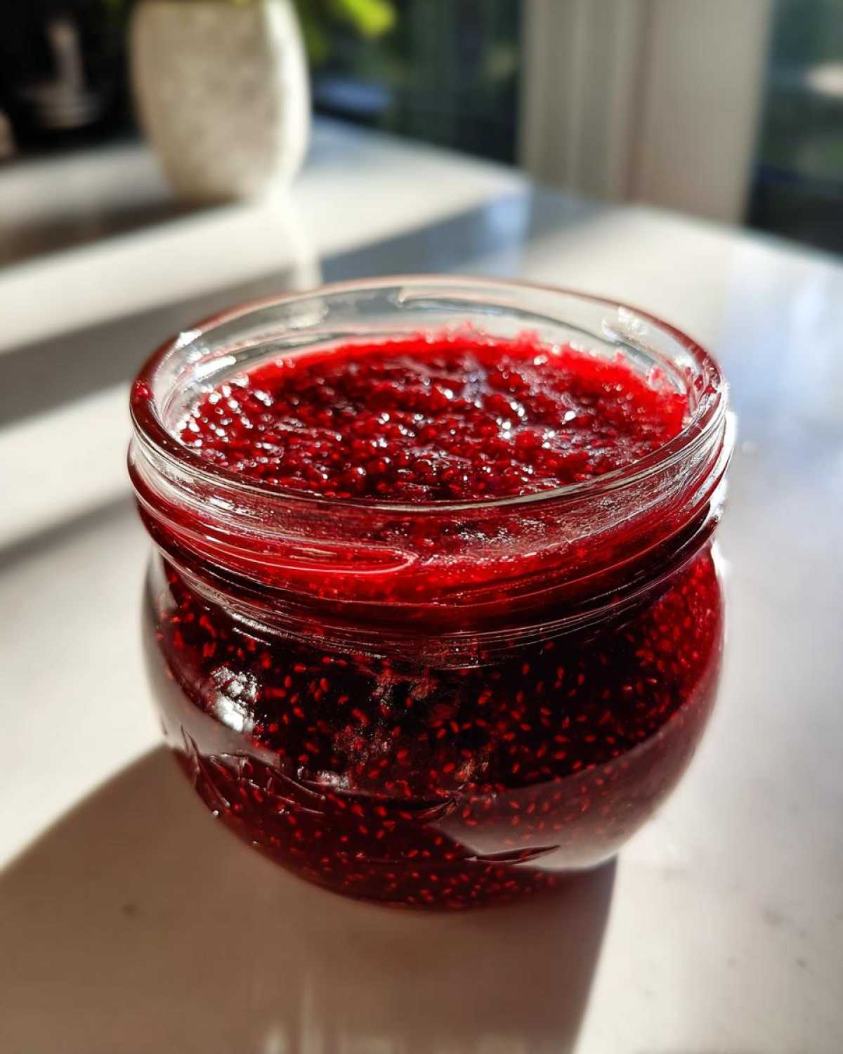 Close-up of a glass jar filled with vibrant, chunky homemade raspberry jam, catching the sunlight.