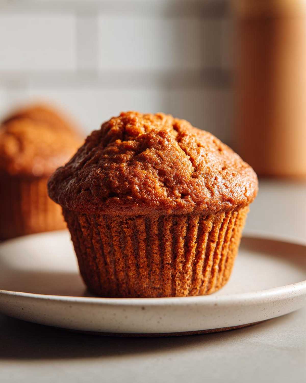 A close-up photo of a single, richly browned honey bran muffin sitting on a speckled ceramic plate.