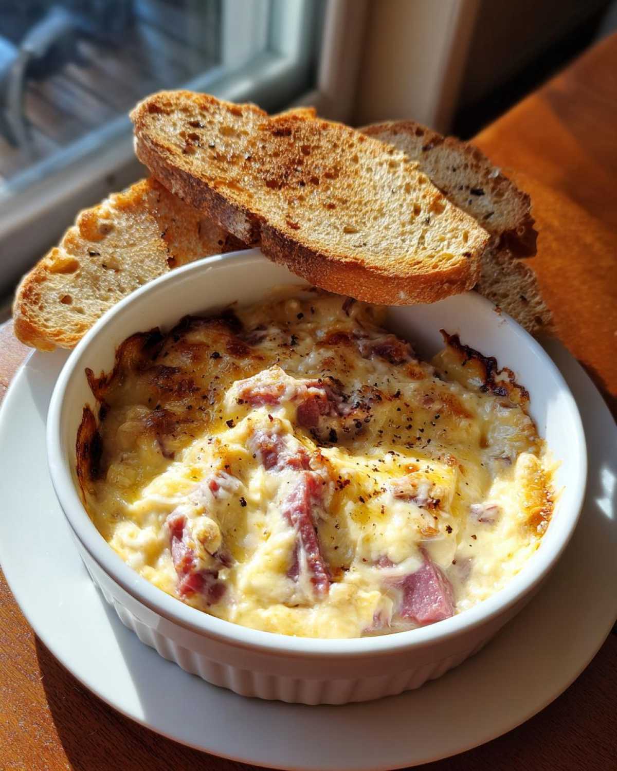 A bubbling, baked Reuben dip in a white ramekin served with slices of toasted rye bread for dipping.