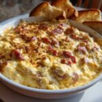 Close-up of a bubbling, baked Reuben dip topped with browned cheese and corned beef chunks, served with toasted bread.