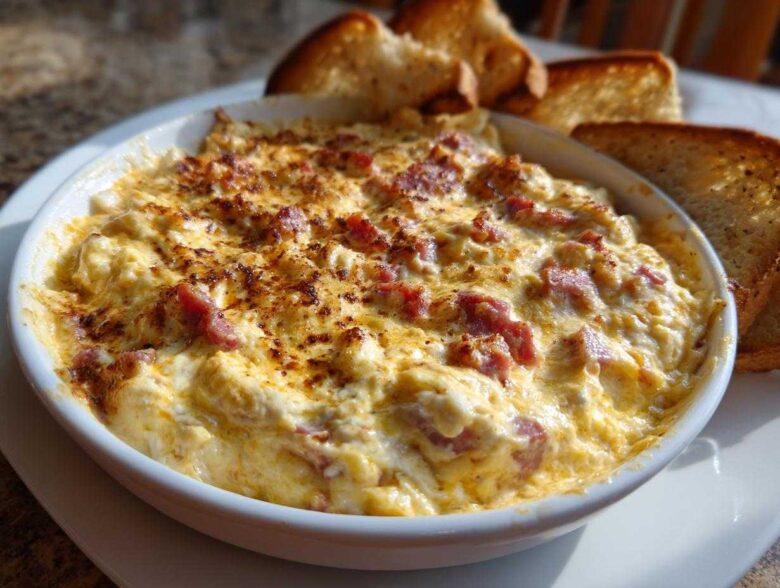 Close-up of a bubbling, baked Reuben dip topped with browned cheese and corned beef chunks, served with toasted bread.