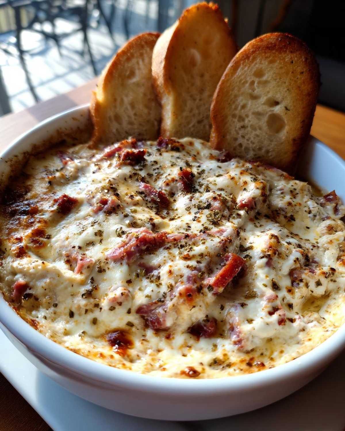 Close-up of hot, cheesy Reuben dip topped with herbs, served with three toasted bread slices for dipping.