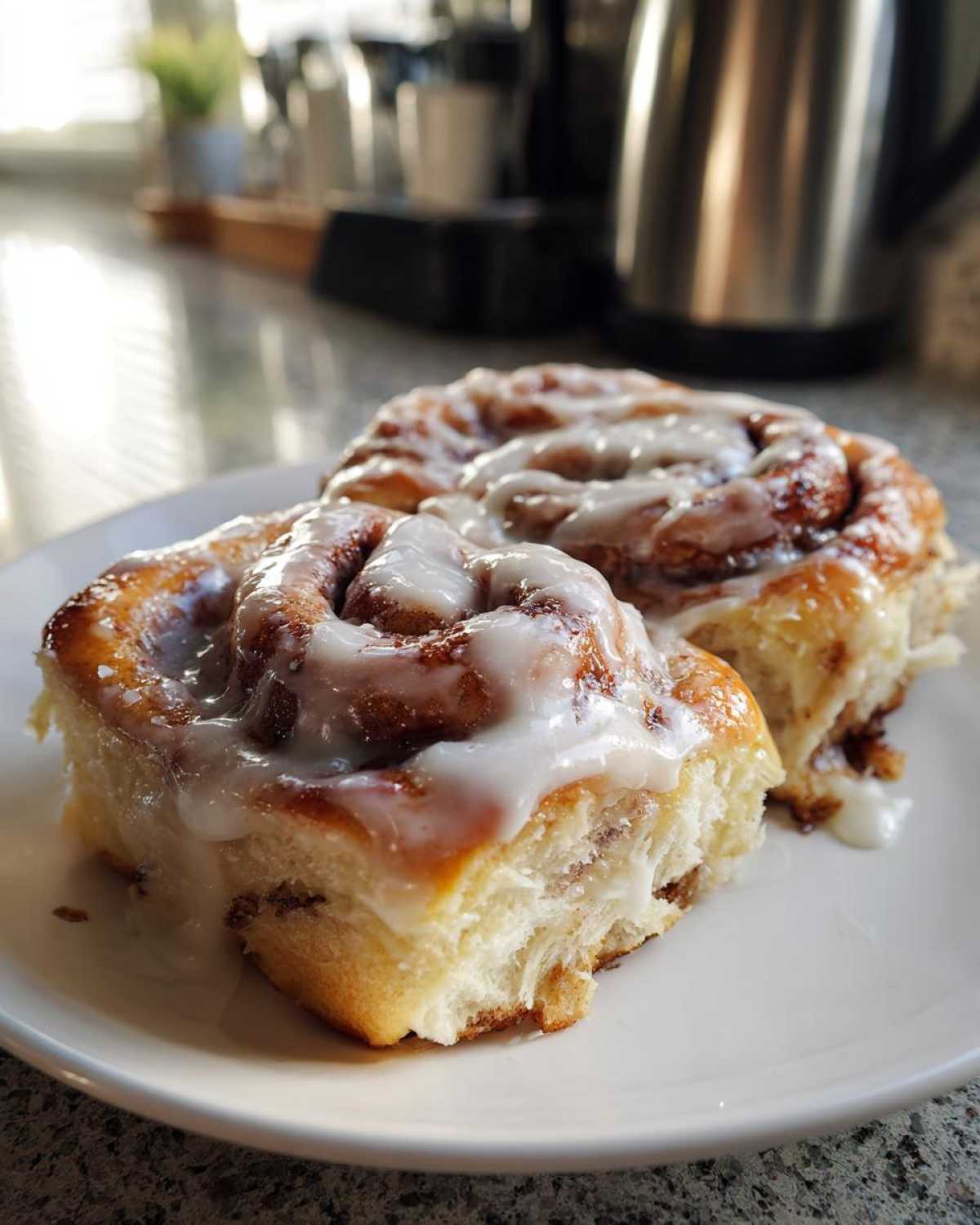 Two gooey, freshly baked cinnamon rolls generously topped with white icing, resting on a white plate.