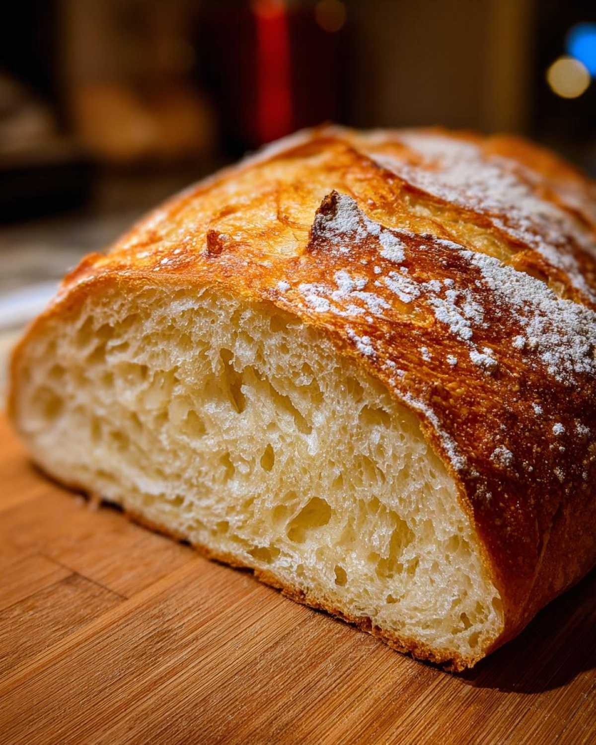 Close-up of the airy, open crumb structure inside a freshly baked Italian bread loaf.