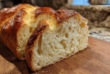 Close-up of a freshly baked loaf of Italian bread, showing a golden-brown crust and soft, airy interior.