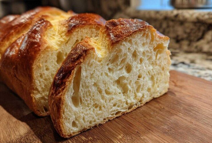 Close-up of a freshly baked loaf of Italian bread, showing a golden-brown crust and soft, airy interior.