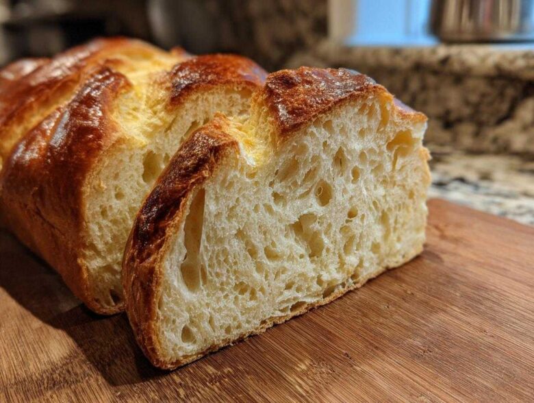 Close-up of a freshly baked loaf of Italian bread, showing a golden-brown crust and soft, airy interior.
