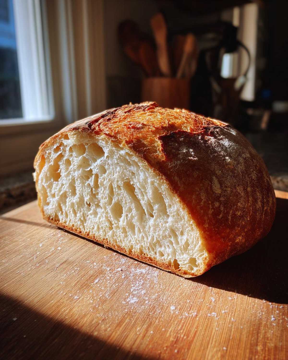 Cross-section view showing the airy, open crumb structure of the freshly baked Italian bread.