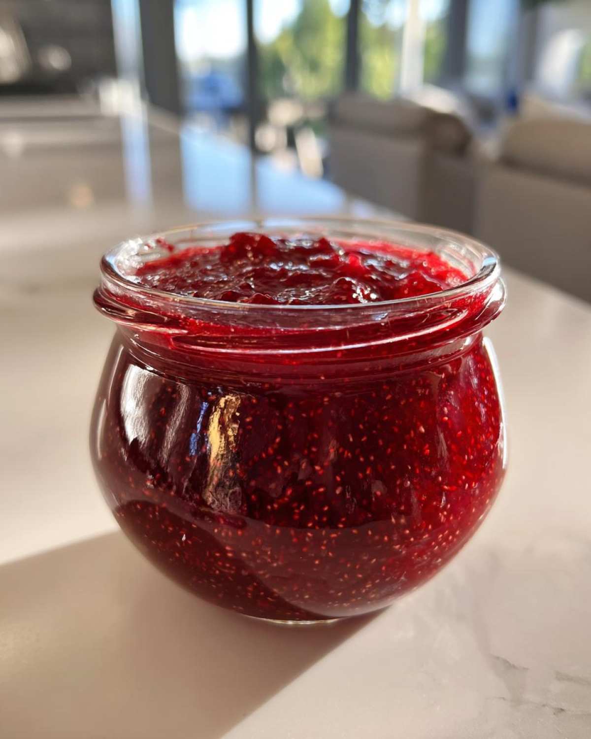 A glass jar filled with vibrant, deep red homemade raspberry jam, showing visible seeds.