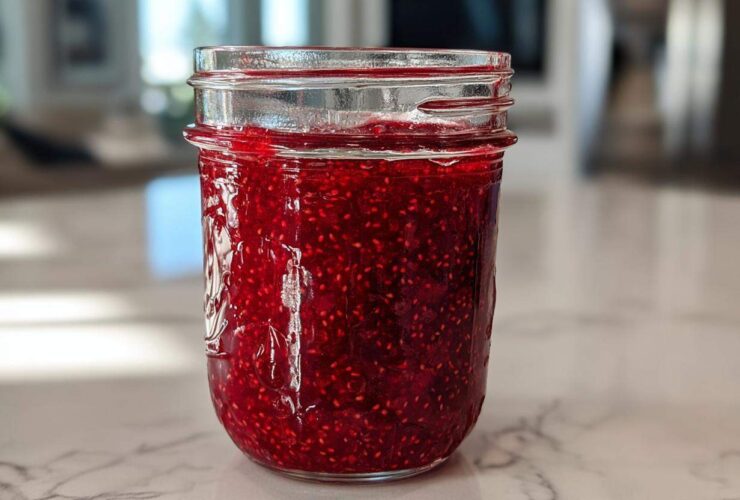 A full mason jar filled with vibrant, deep red homemade raspberry jam, showcasing many visible seeds.